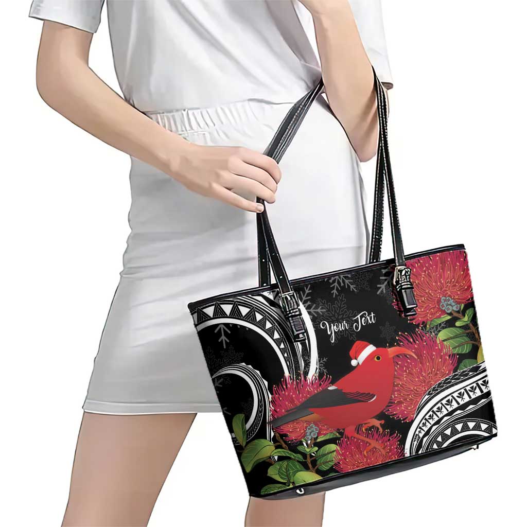 Personalized Mele Kalikimaka Hawaii Leather Tote Bag I'iwi Bird With Ohia Lehua - Black Color LT14 - Polynesian Pride