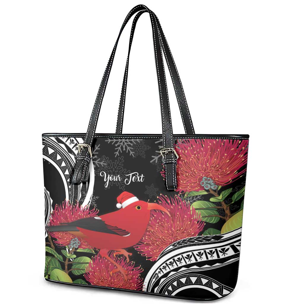 Personalized Mele Kalikimaka Hawaii Leather Tote Bag I'iwi Bird With Ohia Lehua - Black Color LT14 - Polynesian Pride