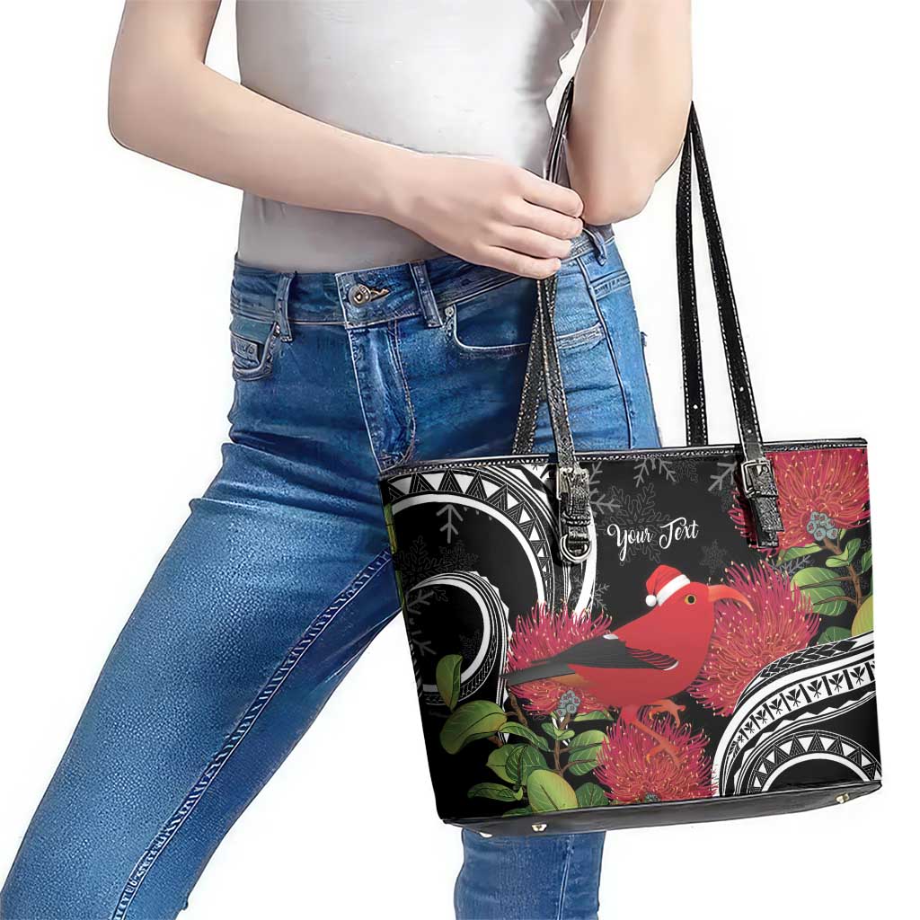 Personalized Mele Kalikimaka Hawaii Leather Tote Bag I'iwi Bird With Ohia Lehua - Black Color LT14 - Polynesian Pride