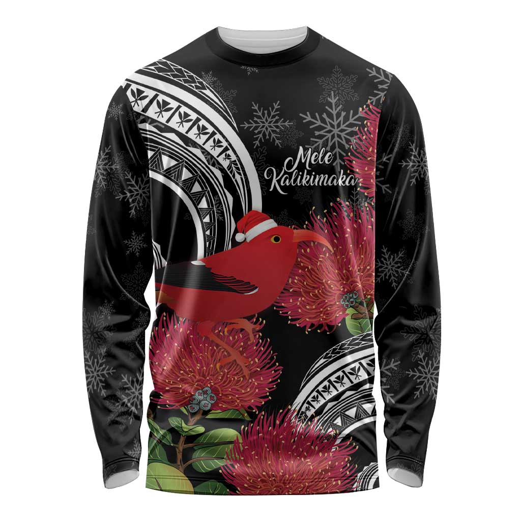 Personalized Mele Kalikimaka Hawaii Long Sleeve Shirt I'iwi Bird With Ohia Lehua - Black Color