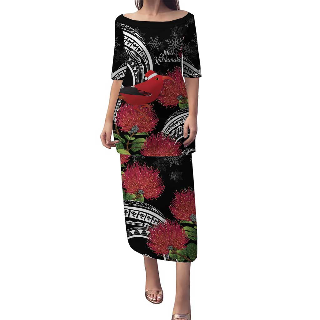 Personalized Mele Kalikimaka Hawaii Puletasi I'iwi Bird With Ohia Lehua - Black Color LT14 Long Dress Black - Polynesian Pride