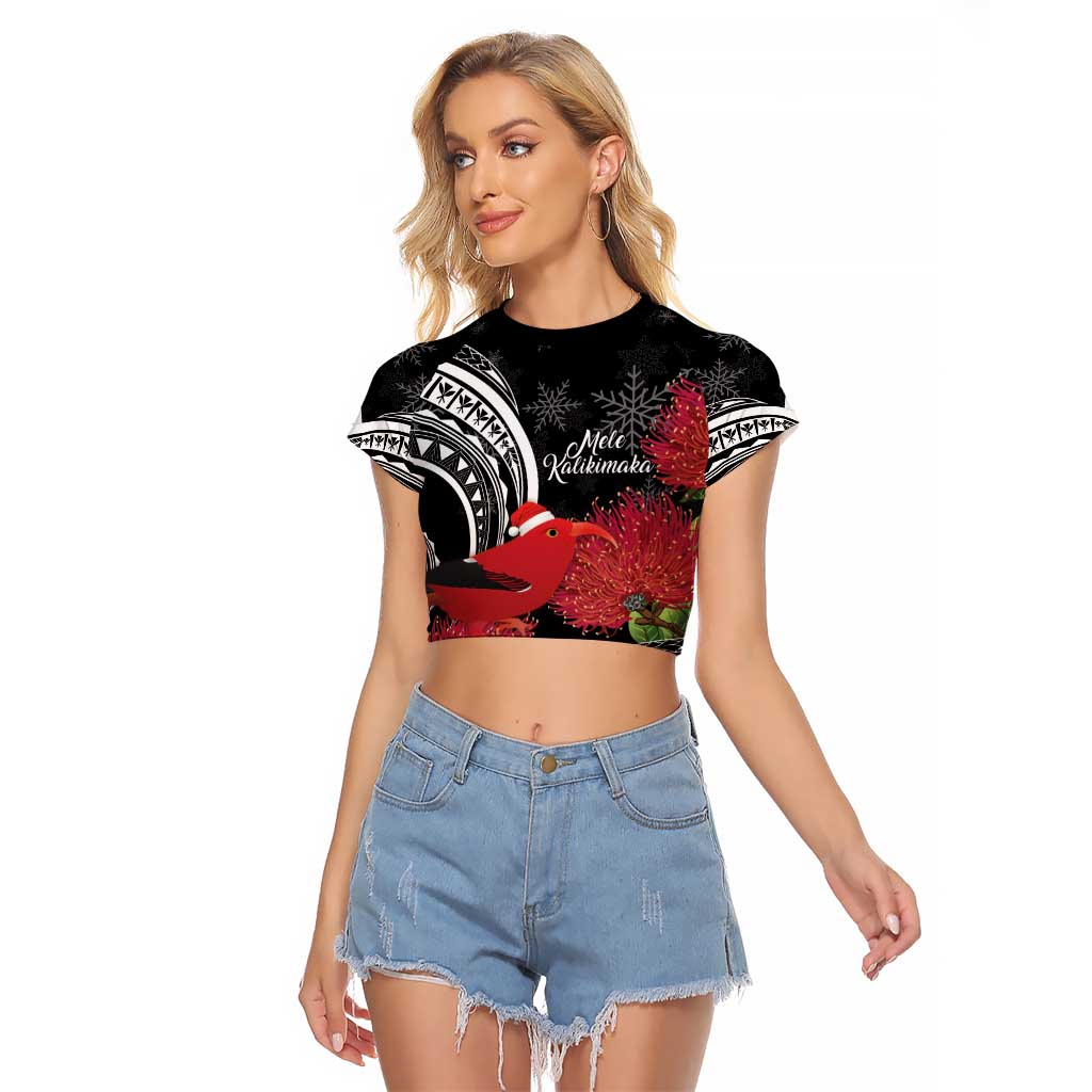 Personalized Mele Kalikimaka Hawaii Raglan Cropped T Shirt I'iwi Bird With Ohia Lehua - Black Color LT14 Female Black - Polynesian Pride