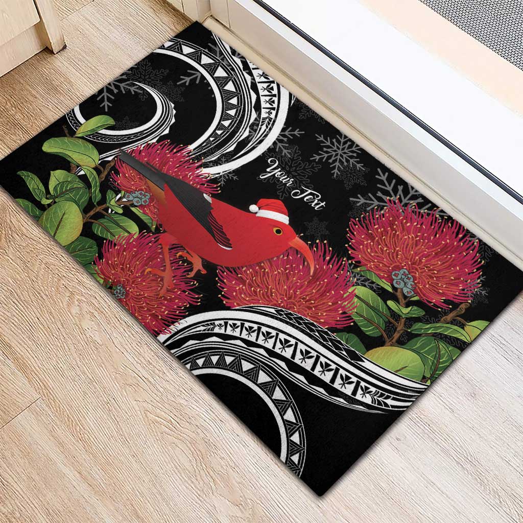 Personalized Mele Kalikimaka Hawaii Rubber Doormat I'iwi Bird With Ohia Lehua - Black Color LT14 - Polynesian Pride