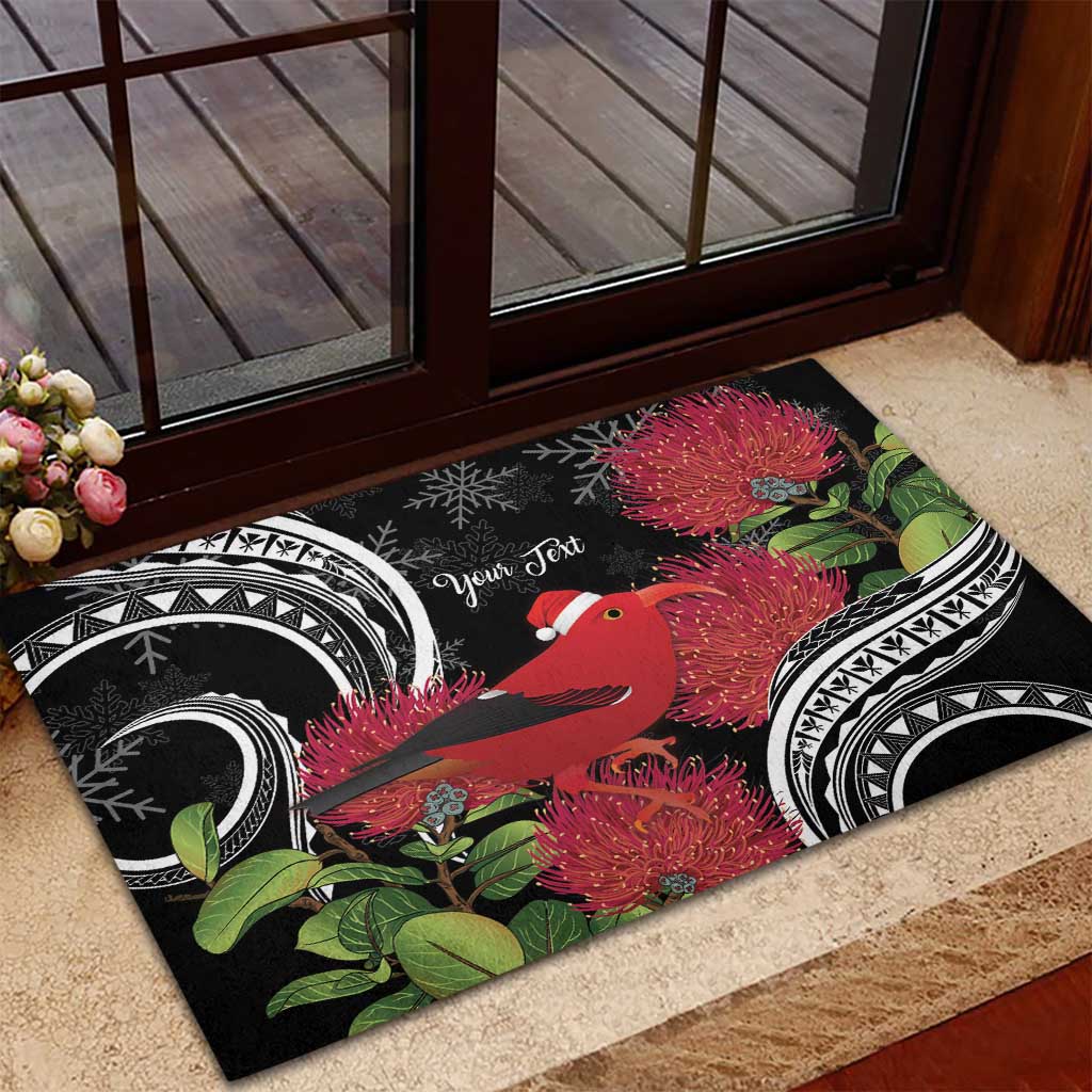 Personalized Mele Kalikimaka Hawaii Rubber Doormat I'iwi Bird With Ohia Lehua - Black Color LT14 - Polynesian Pride