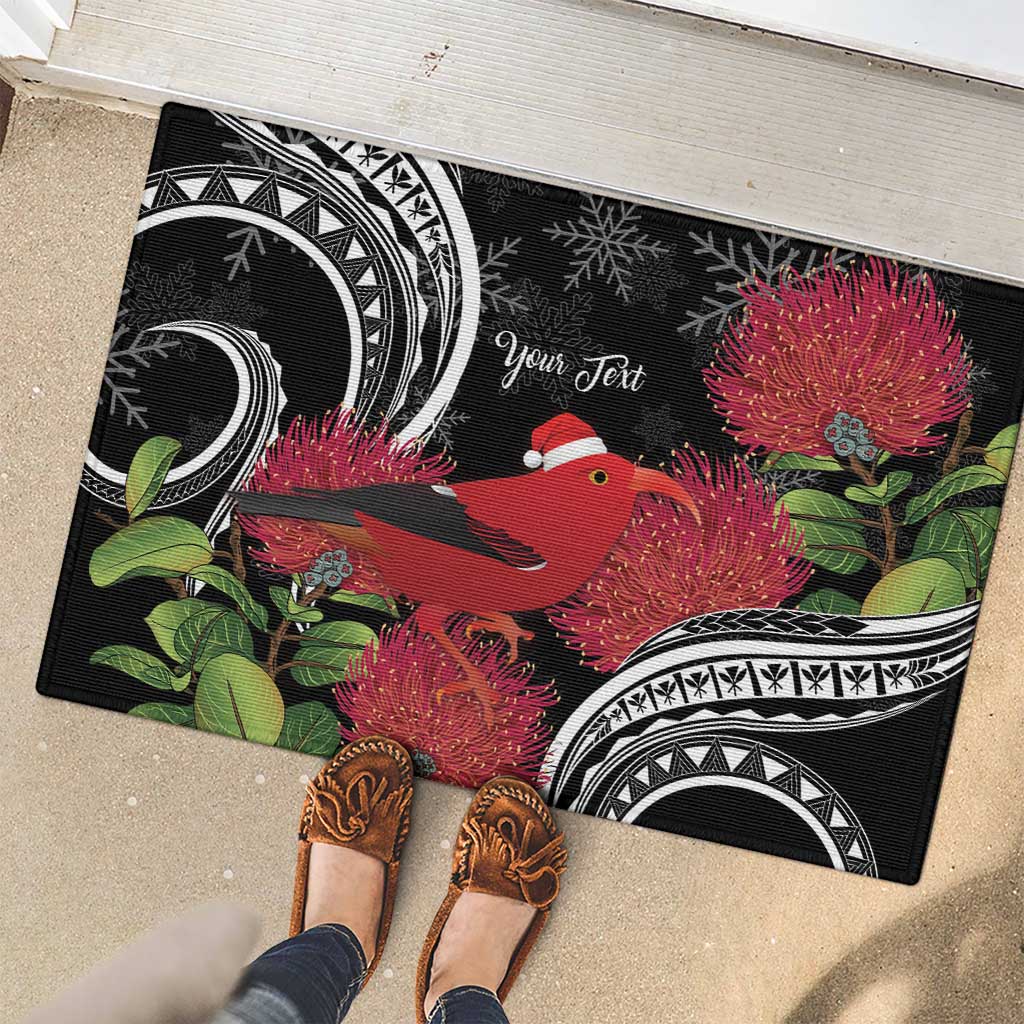 Personalized Mele Kalikimaka Hawaii Rubber Doormat I'iwi Bird With Ohia Lehua - Black Color LT14 - Polynesian Pride