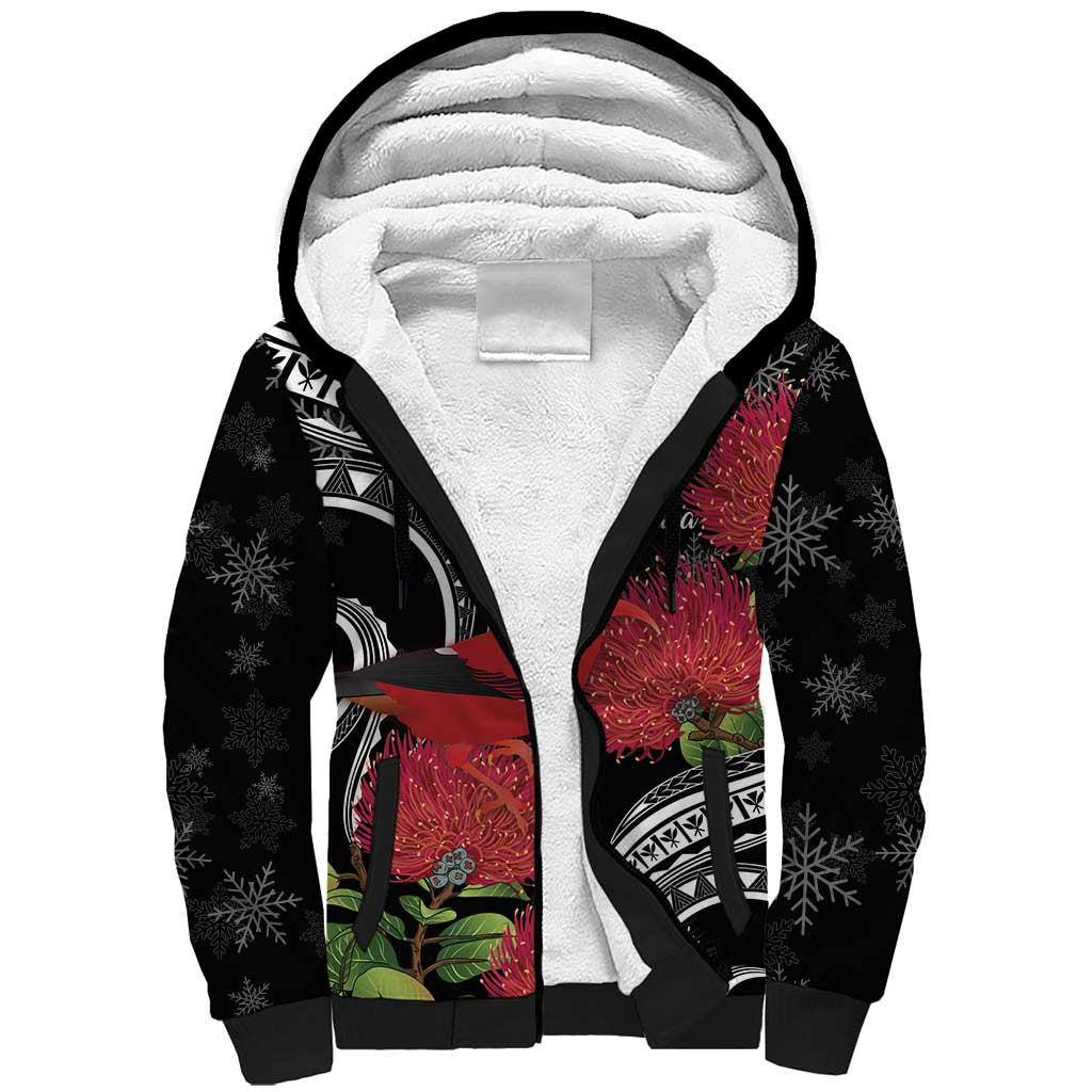 Personalized Mele Kalikimaka Hawaii Sherpa Hoodie I'iwi Bird With Ohia Lehua - Black Color