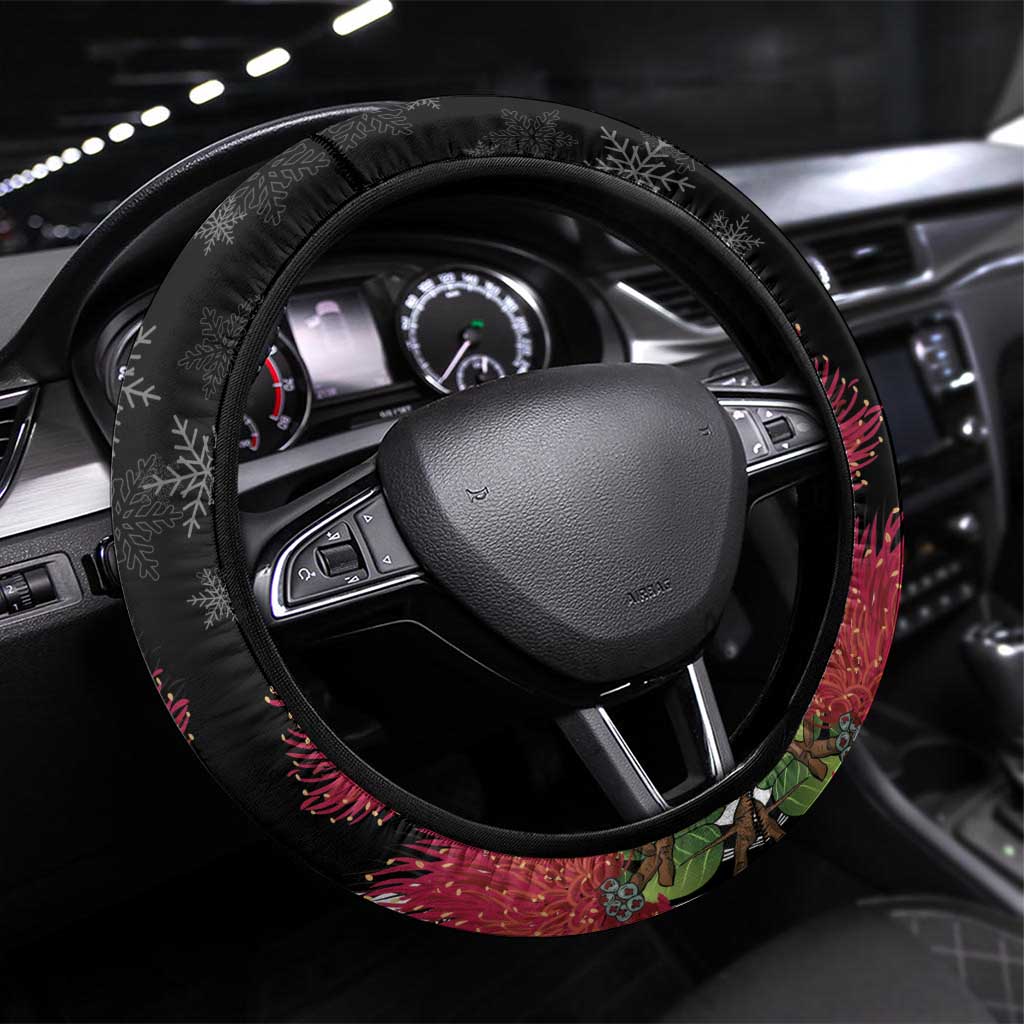 Mele Kalikimaka Hawaii Steering Wheel Cover I'iwi Bird With Ohia Lehua - Black Color LT14 Universal Fit Black - Polynesian Pride