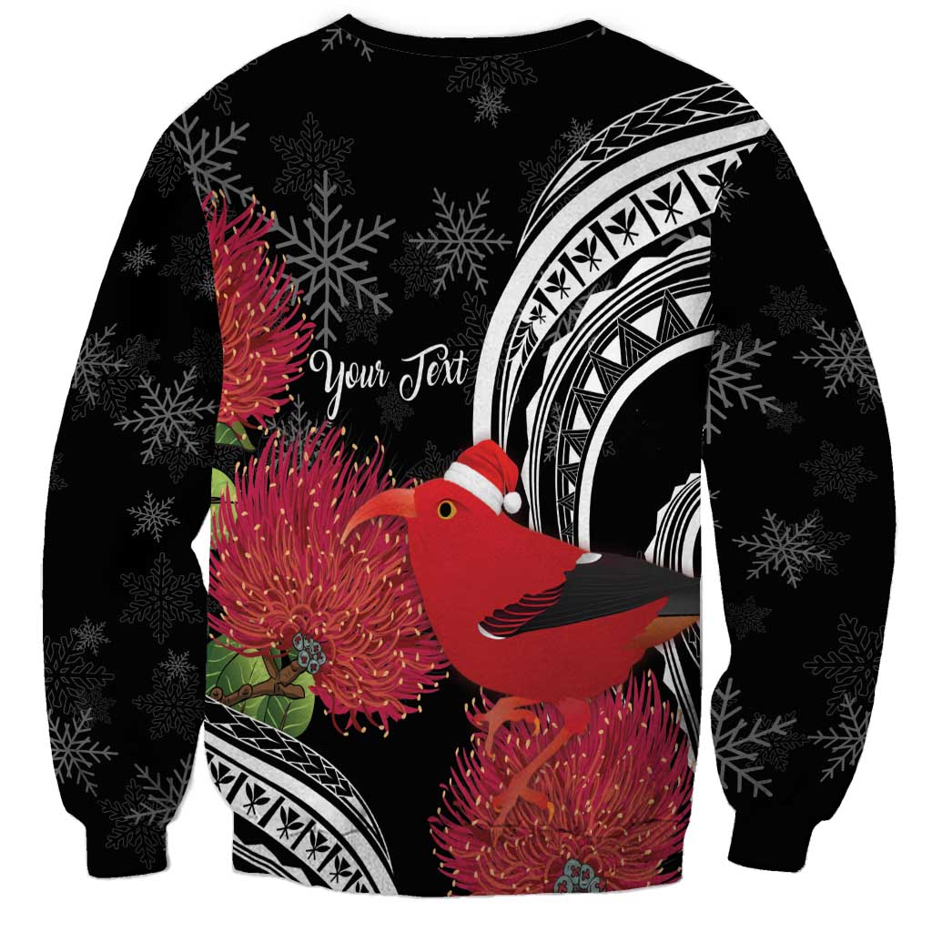 Personalized Mele Kalikimaka Hawaii Sweatshirt I'iwi Bird With Ohia Lehua - Black Color LT14 - Polynesian Pride
