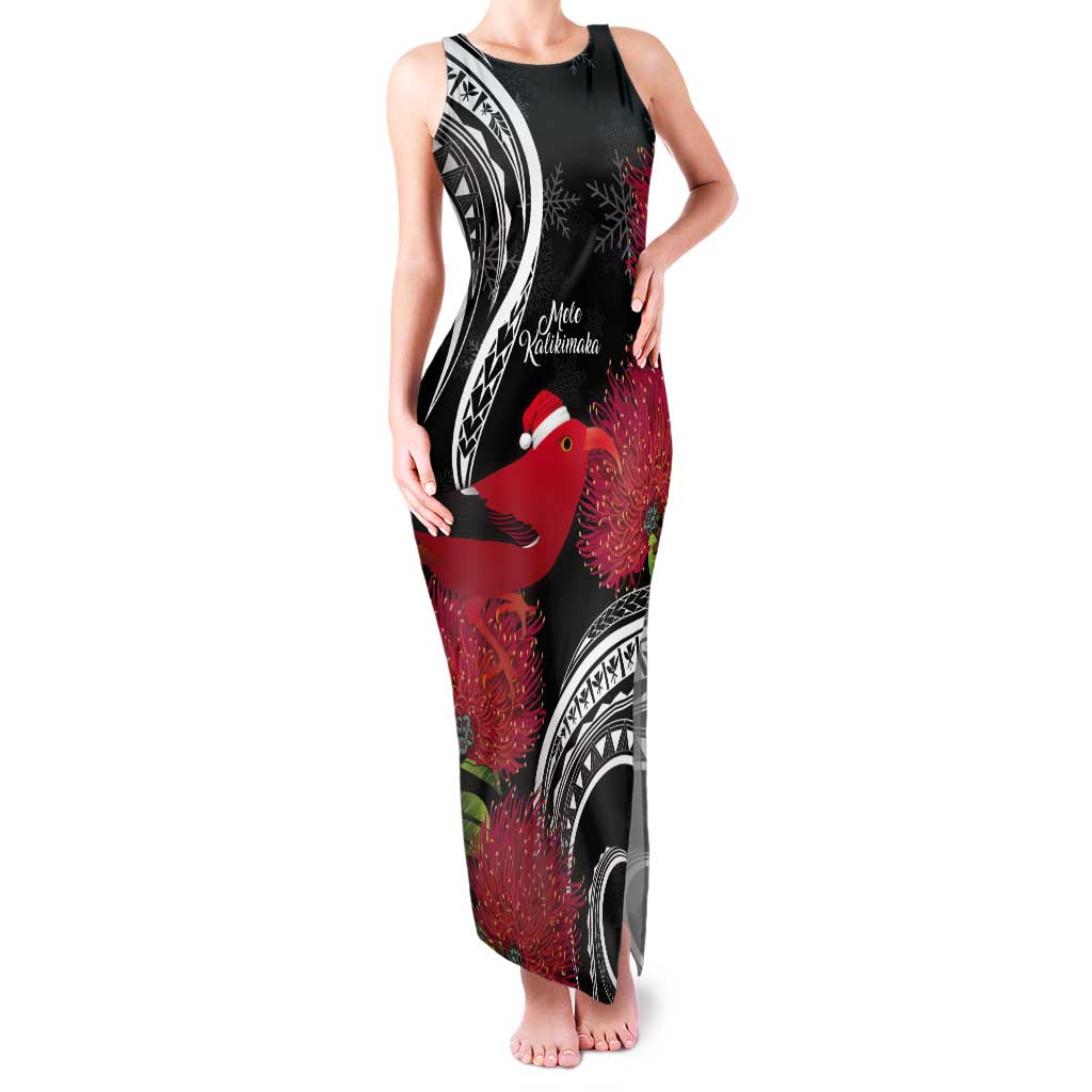 Personalized Mele Kalikimaka Hawaii Tank Maxi Dress I'iwi Bird With Ohia Lehua - Black Color LT14 Women Black - Polynesian Pride