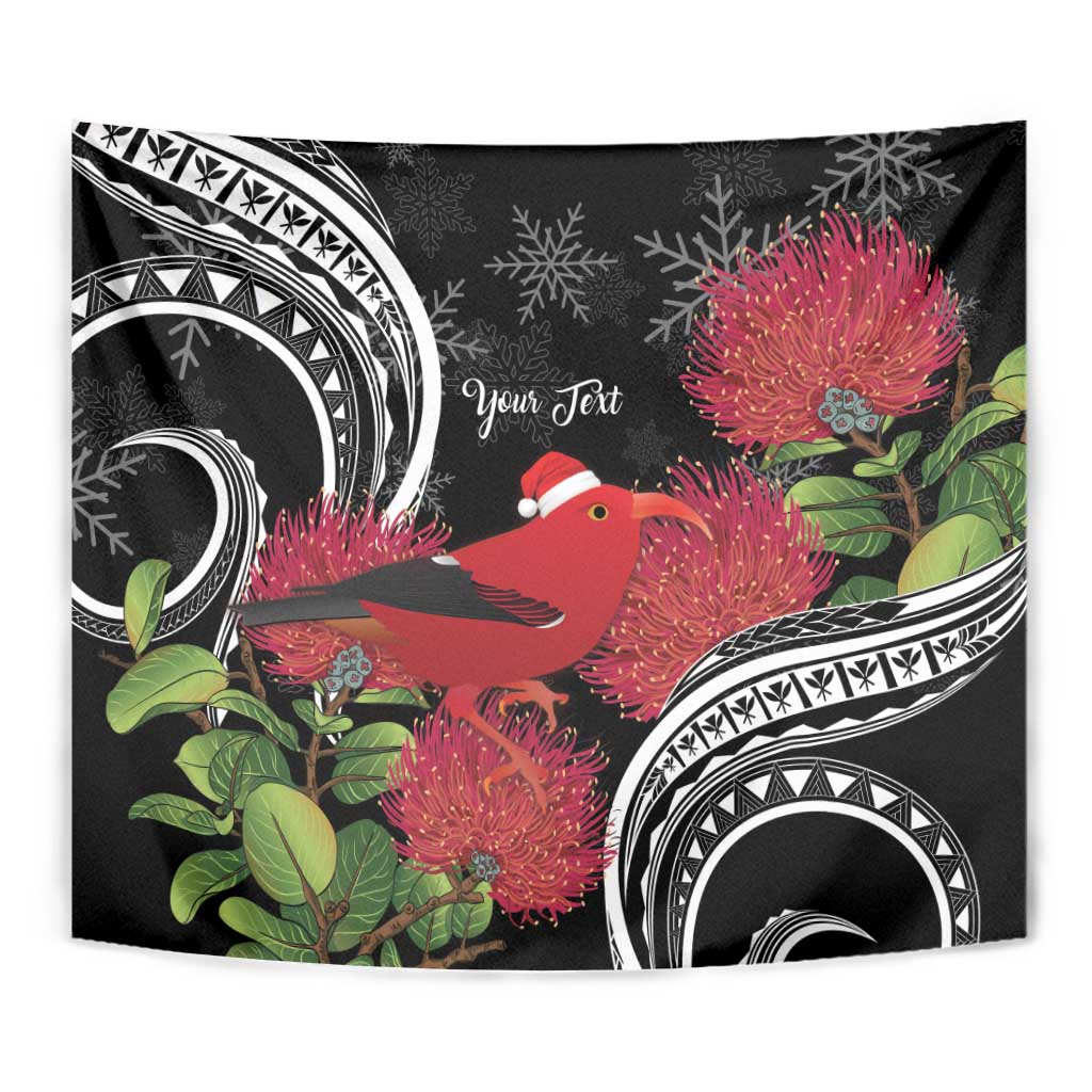 Personalized Mele Kalikimaka Hawaii Tapestry I'iwi Bird With Ohia Lehua - Black Color
