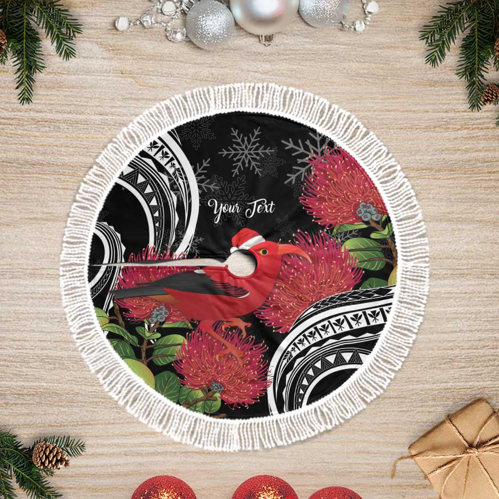 Personalized Mele Kalikimaka Hawaii Tree Skirt I'iwi Bird With Ohia Lehua - Black Color
