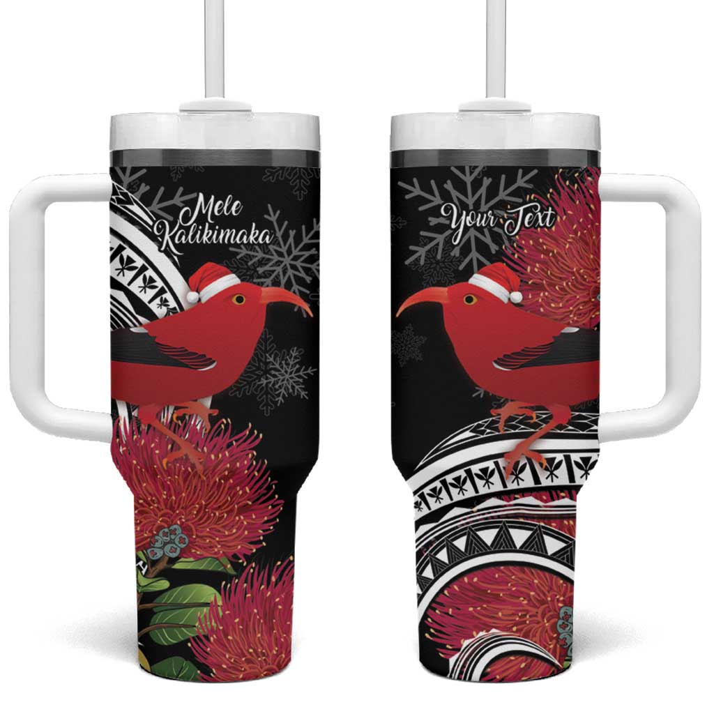 Personalized Mele Kalikimaka Hawaii Tumbler With Handle I'iwi Bird With Ohia Lehua - Black Color