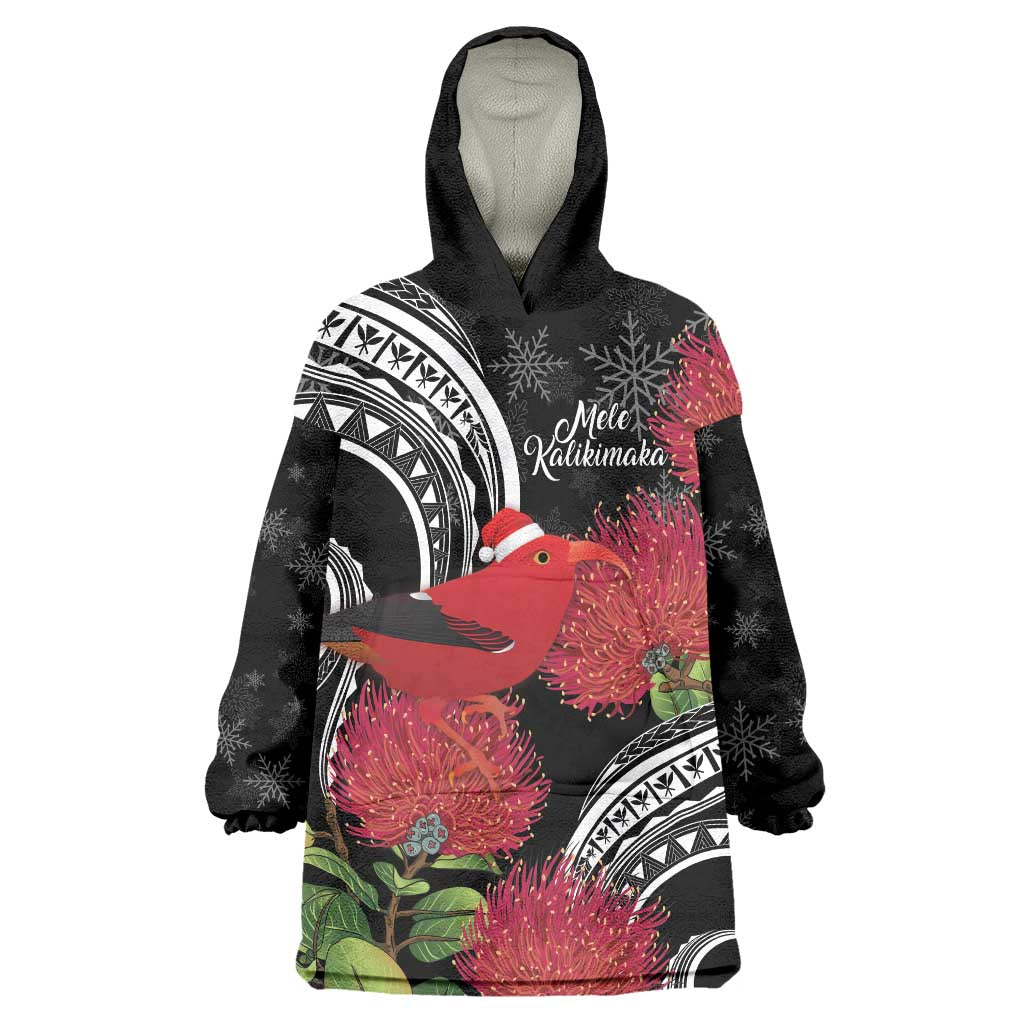 Personalized Mele Kalikimaka Hawaii Wearable Blanket Hoodie I'iwi Bird With Ohia Lehua - Black Color