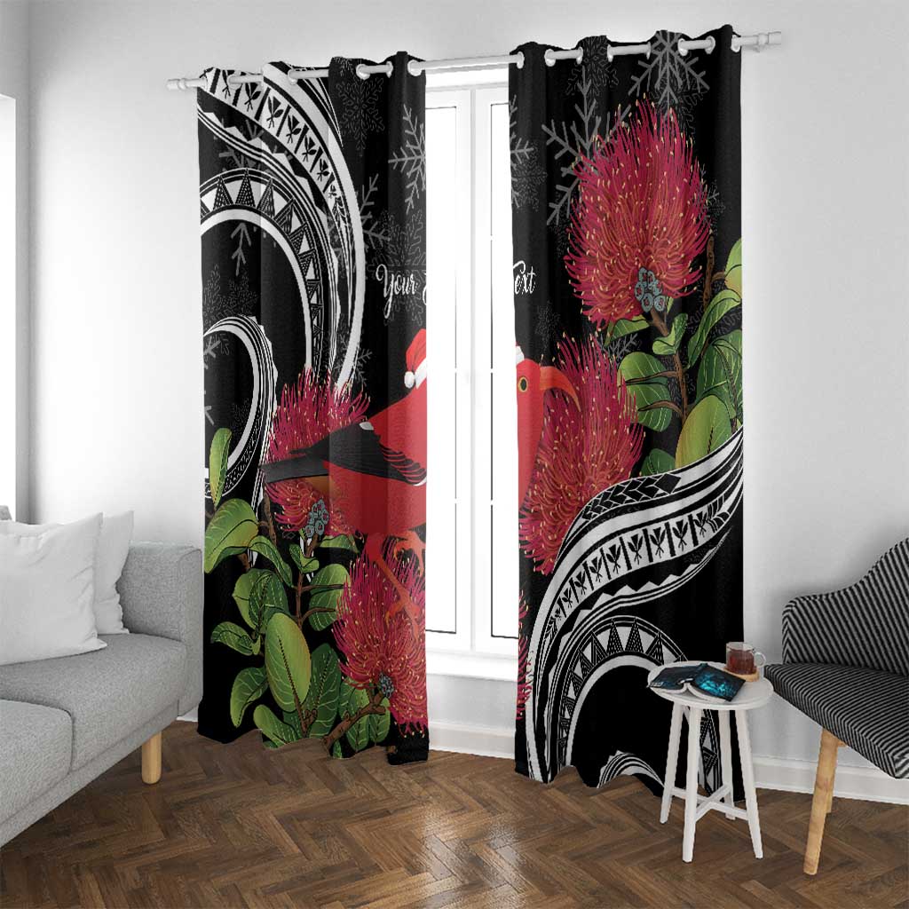 Personalized Mele Kalikimaka Hawaii Window Curtain I'iwi Bird With Ohia Lehua - Black Color LT14 With Grommets Black - Polynesian Pride
