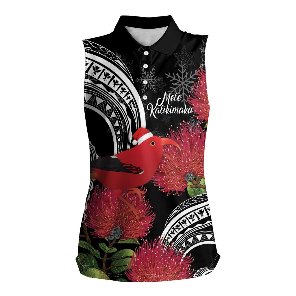 Personalized Mele Kalikimaka Hawaii Women Sleeveless Polo Shirt I'iwi Bird With Ohia Lehua - Black Color