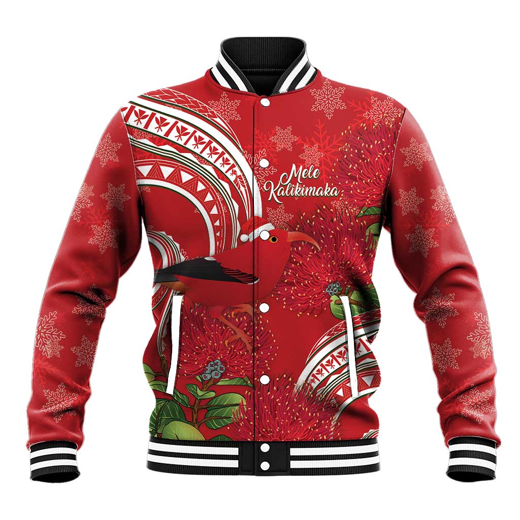 Personalized Mele Kalikimaka Hawaii Baseball Jacket I'iwi Bird With Ohia Lehua - Red Color LT14 Unisex Red - Polynesian Pride