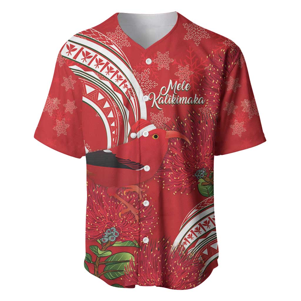 Personalized Mele Kalikimaka Hawaii Baseball Jersey I'iwi Bird With Ohia Lehua - Red Color