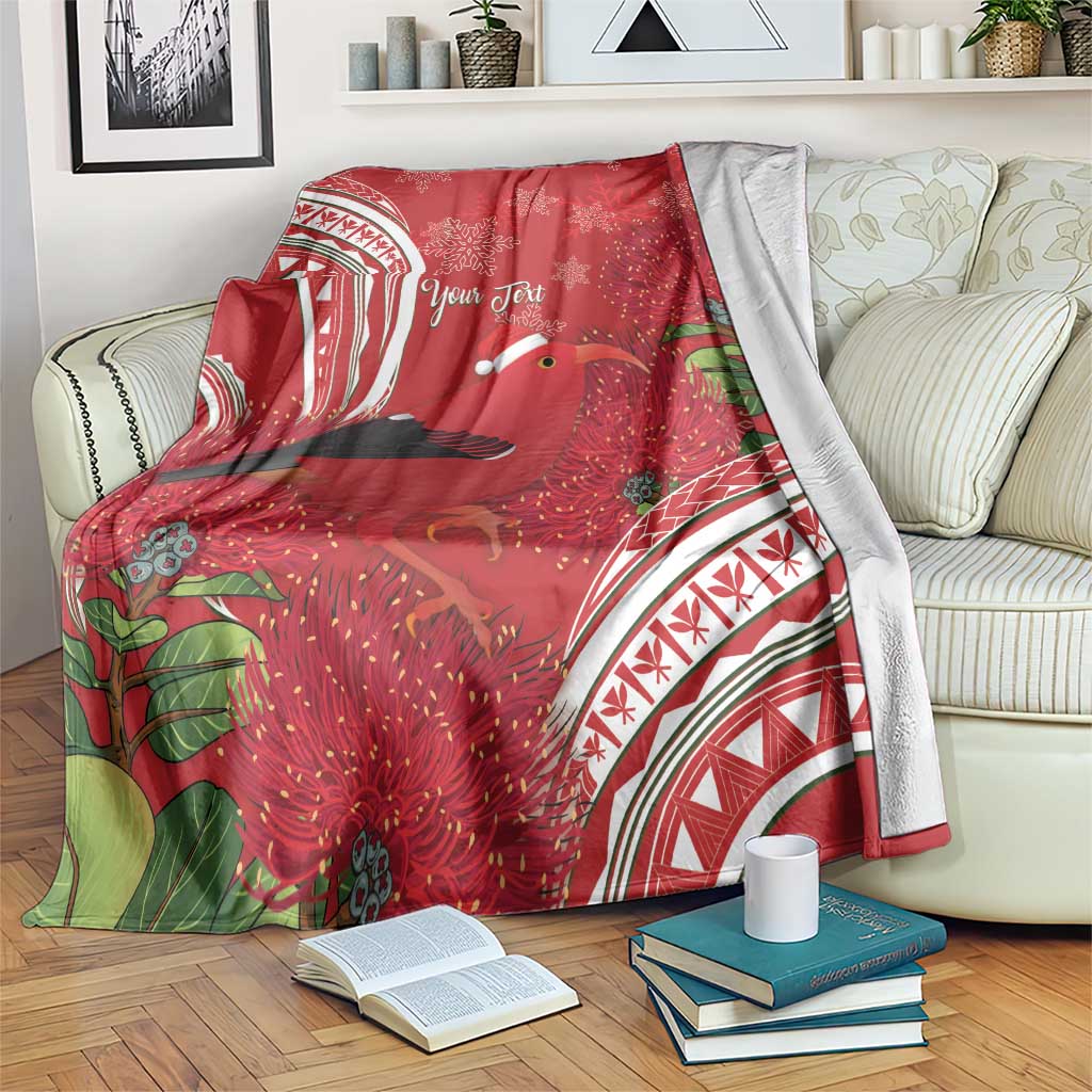 Personalized Mele Kalikimaka Hawaii Blanket I'iwi Bird With Ohia Lehua - Red Color LT14 Red - Polynesian Pride