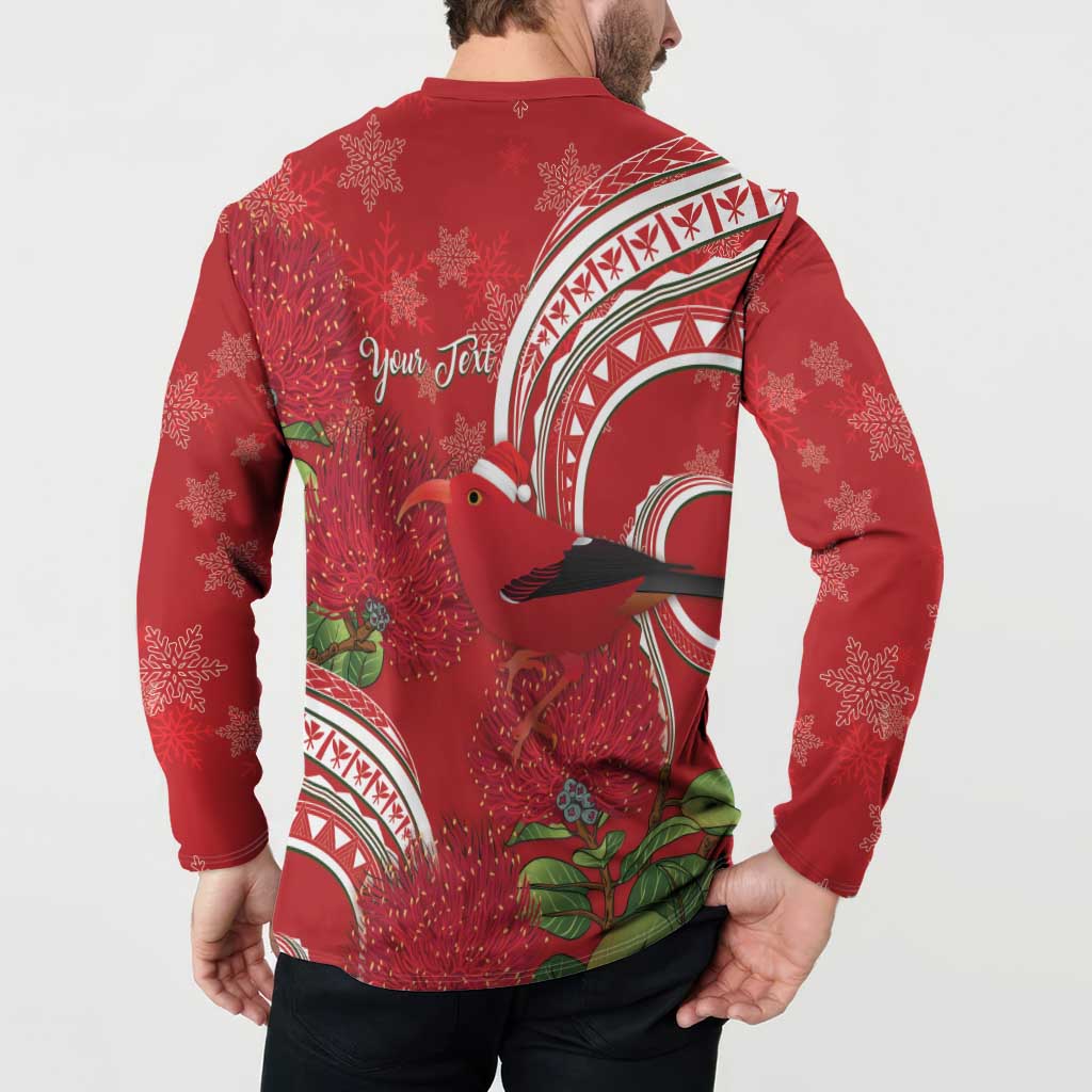 Personalized Mele Kalikimaka Hawaii Button Sweatshirt I'iwi Bird With Ohia Lehua - Red Color LT14 - Polynesian Pride