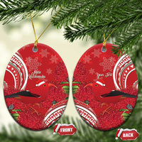 Personalized Mele Kalikimaka Hawaii Ceramic Ornament I'iwi Bird With Ohia Lehua - Red Color LT14 Oval Red - Polynesian Pride
