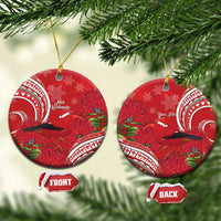 Personalized Mele Kalikimaka Hawaii Ceramic Ornament I'iwi Bird With Ohia Lehua - Red Color LT14 Circle Red - Polynesian Pride