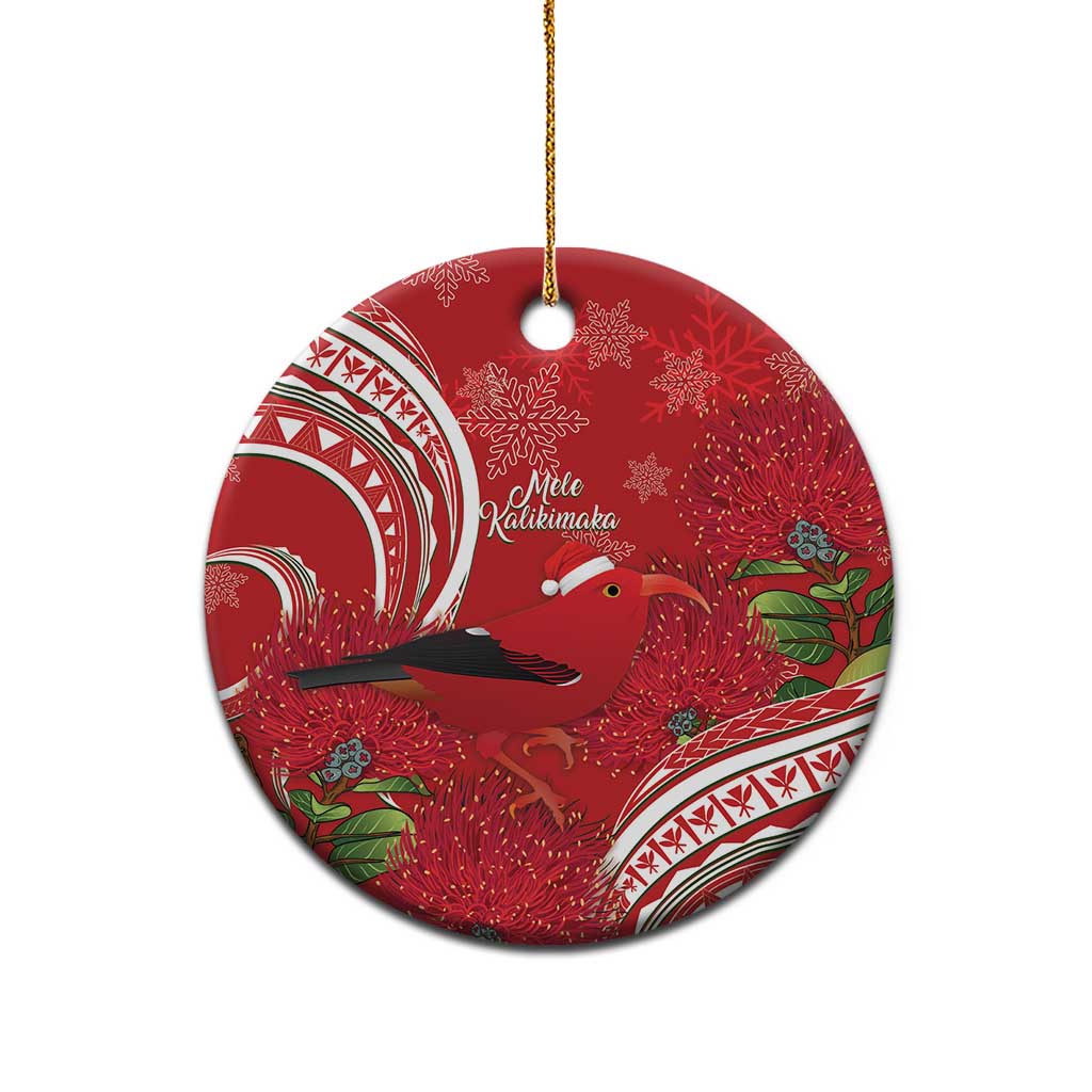 Personalized Mele Kalikimaka Hawaii Ceramic Ornament I'iwi Bird With Ohia Lehua - Red Color LT14 - Polynesian Pride