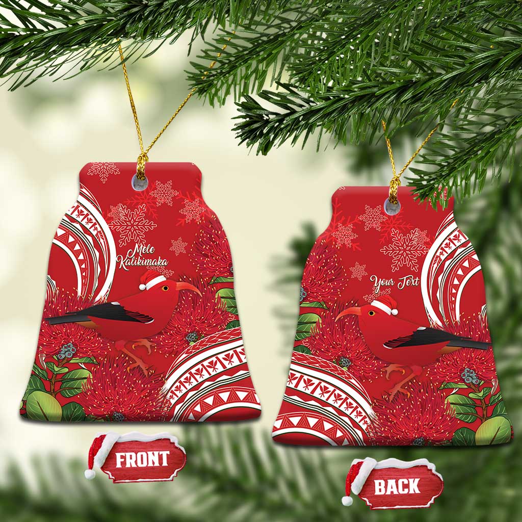 Personalized Mele Kalikimaka Hawaii Ceramic Ornament I'iwi Bird With Ohia Lehua - Red Color LT14 Bell Flake Red - Polynesian Pride