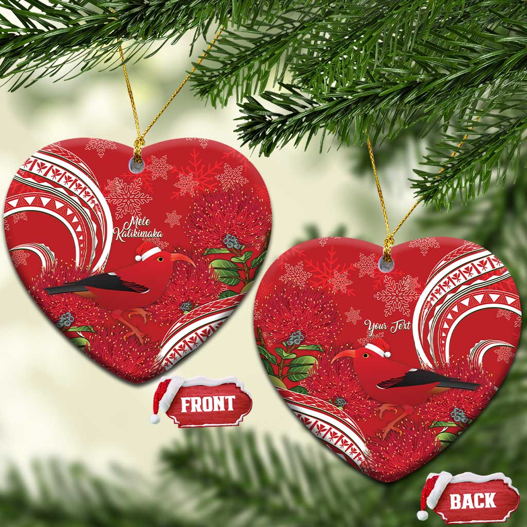 Personalized Mele Kalikimaka Hawaii Ceramic Ornament I'iwi Bird With Ohia Lehua - Red Color LT14 Heart Red - Polynesian Pride