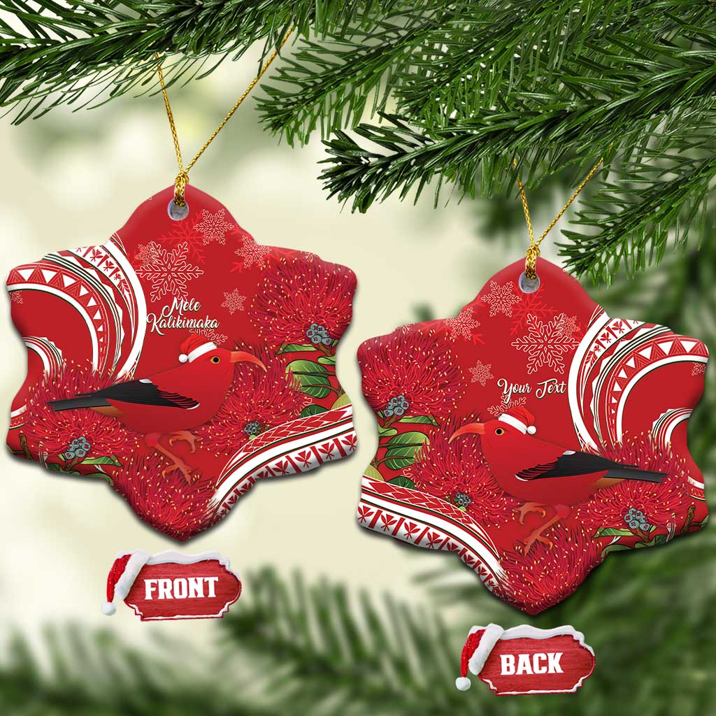 Personalized Mele Kalikimaka Hawaii Ceramic Ornament I'iwi Bird With Ohia Lehua - Red Color LT14 Snow Flake Red - Polynesian Pride