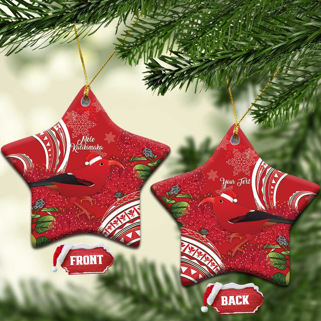 Personalized Mele Kalikimaka Hawaii Ceramic Ornament I'iwi Bird With Ohia Lehua - Red Color LT14 Star Red - Polynesian Pride