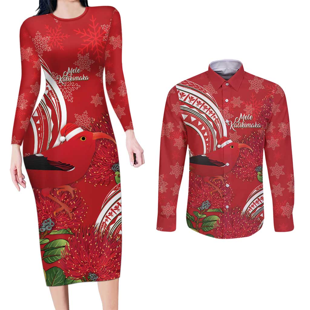 Personalized Mele Kalikimaka Hawaii Couples Matching Long Sleeve Bodycon Dress and Long Sleeve Button Shirt I'iwi Bird With Ohia Lehua - Red Color LT14 Red - Polynesian Pride