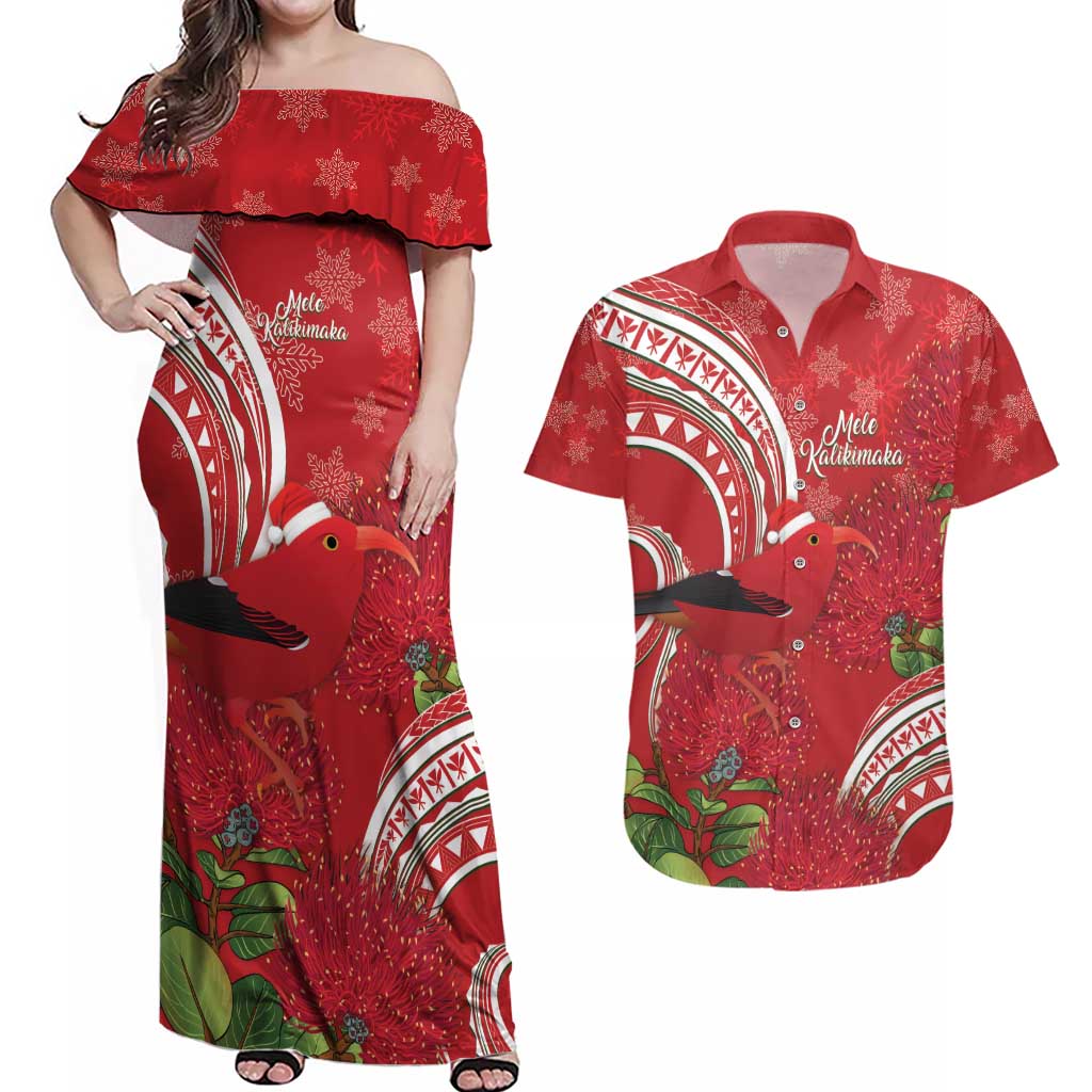 Personalized Mele Kalikimaka Hawaii Couples Matching Off Shoulder Maxi Dress and Hawaiian Shirt I'iwi Bird With Ohia Lehua - Red Color