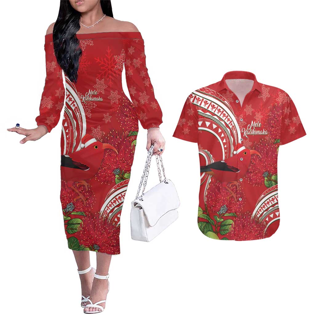 Personalized Mele Kalikimaka Hawaii Couples Matching Off The Shoulder Long Sleeve Dress and Hawaiian Shirt I'iwi Bird With Ohia Lehua - Red Color