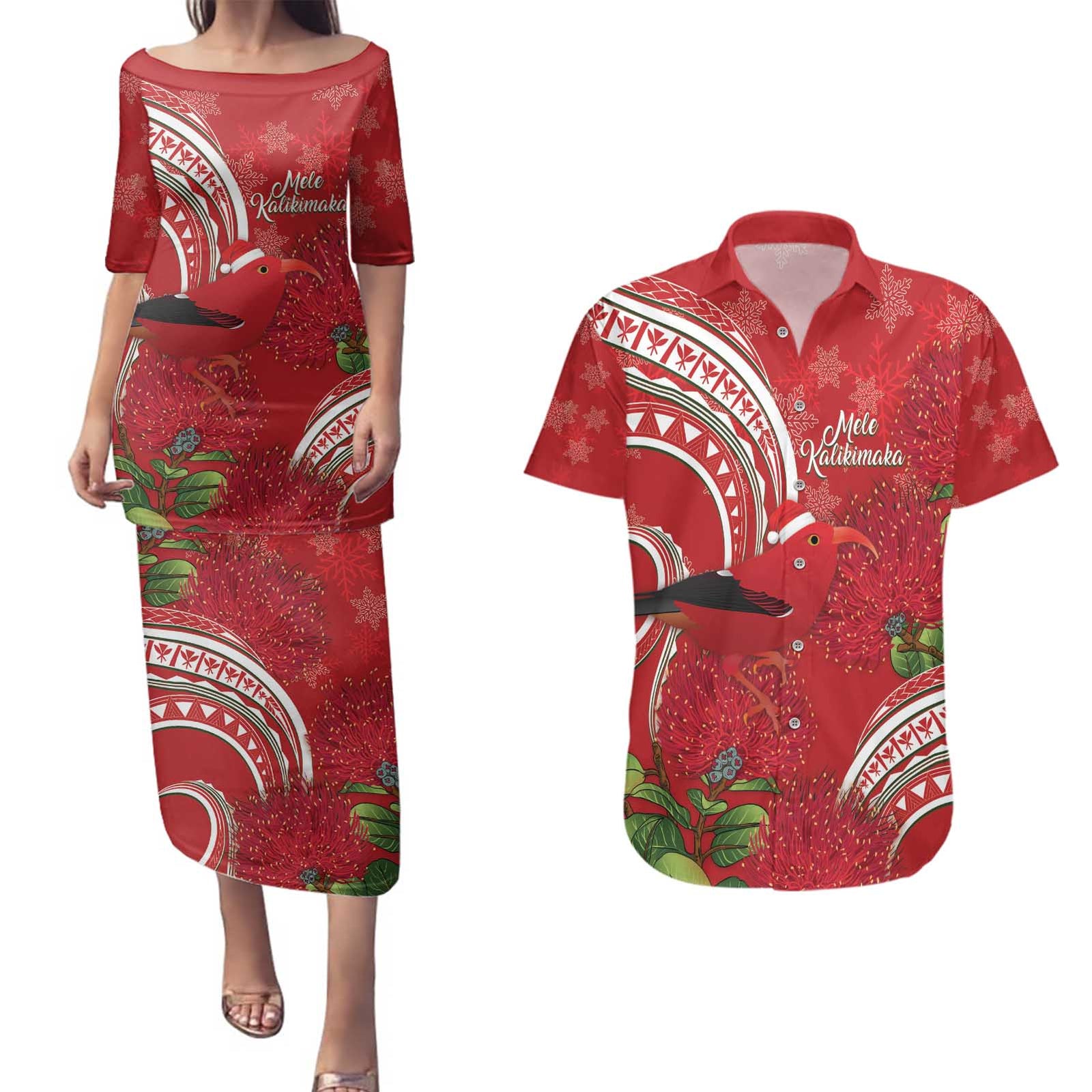 Personalized Mele Kalikimaka Hawaii Couples Matching Puletasi and Hawaiian Shirt I'iwi Bird With Ohia Lehua - Red Color LT14 Red - Polynesian Pride
