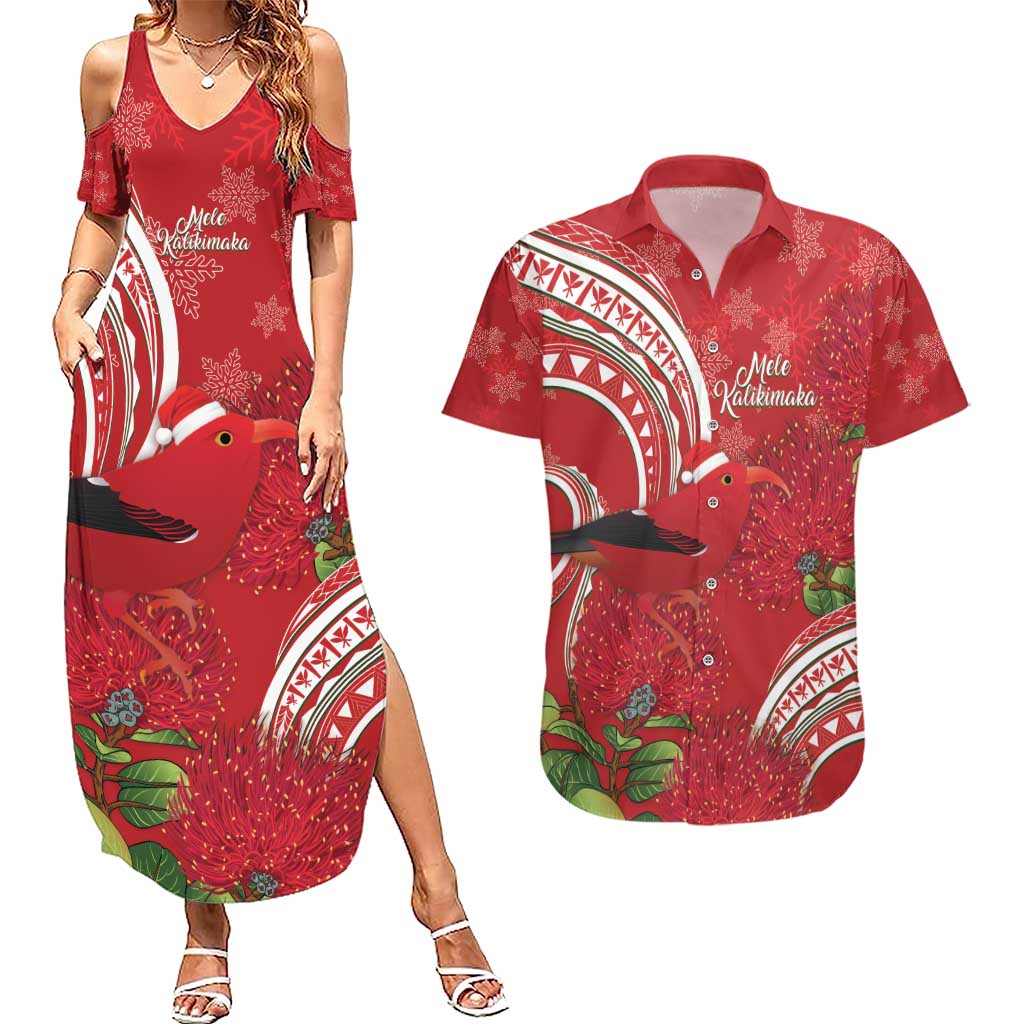 Personalized Mele Kalikimaka Hawaii Couples Matching Summer Maxi Dress and Hawaiian Shirt I'iwi Bird With Ohia Lehua - Red Color