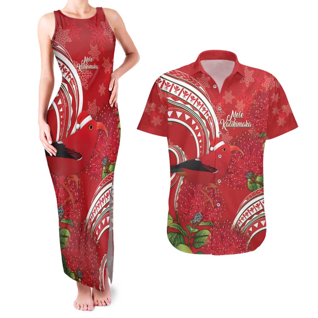 Personalized Mele Kalikimaka Hawaii Couples Matching Tank Maxi Dress and Hawaiian Shirt I'iwi Bird With Ohia Lehua - Red Color
