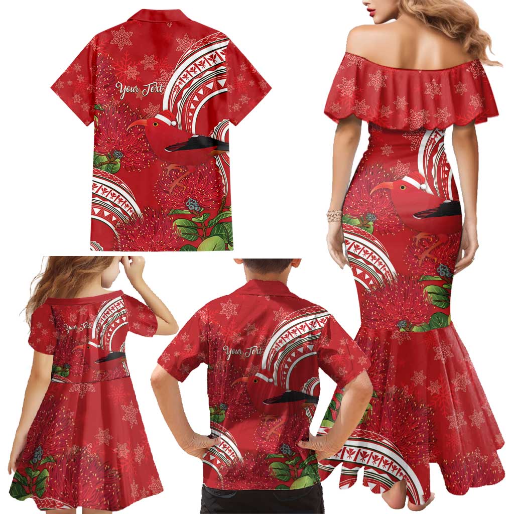 Personalized Mele Kalikimaka Hawaii Family Matching Mermaid Dress and Hawaiian Shirt I'iwi Bird With Ohia Lehua - Red Color