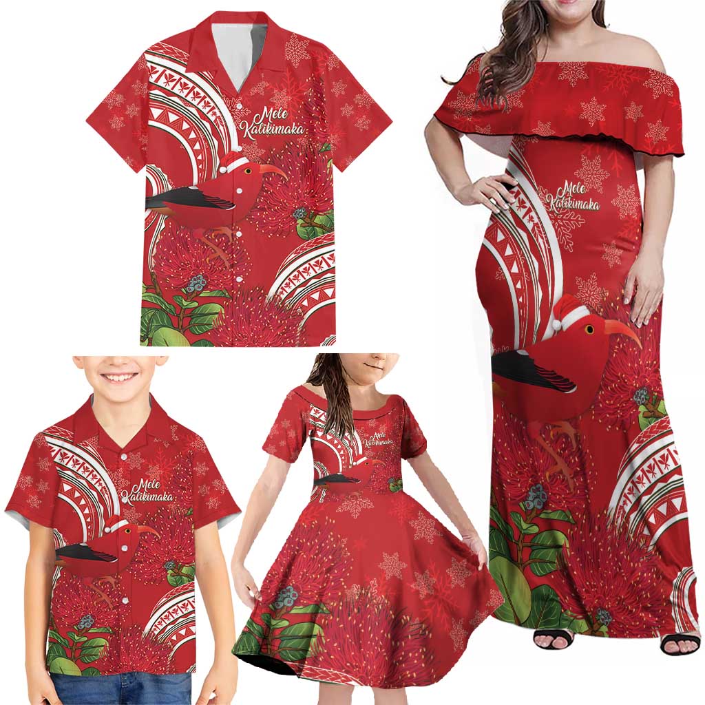 Personalized Mele Kalikimaka Hawaii Family Matching Off Shoulder Maxi Dress and Hawaiian Shirt I'iwi Bird With Ohia Lehua - Red Color