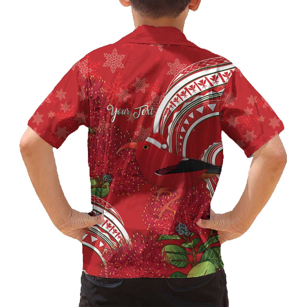 Personalized Mele Kalikimaka Hawaii Family Matching Off Shoulder Short Dress and Hawaiian Shirt I'iwi Bird With Ohia Lehua - Red Color
