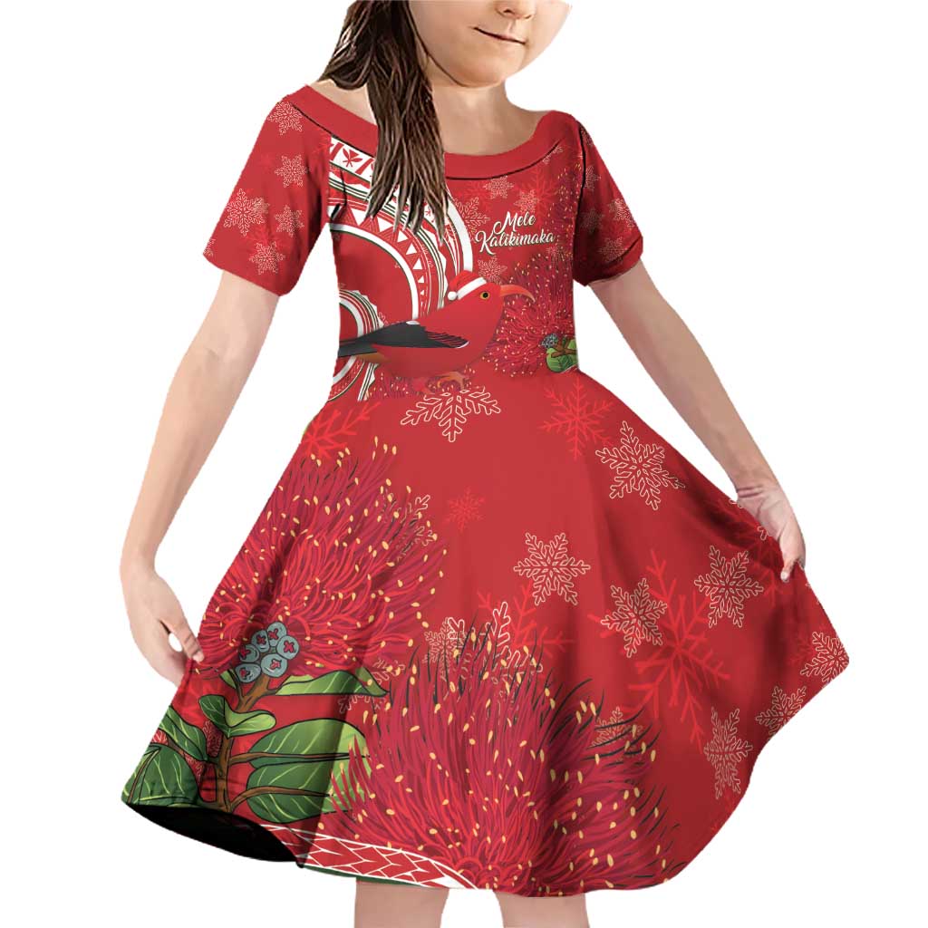 Personalized Mele Kalikimaka Hawaii Family Matching Off Shoulder Short Dress and Hawaiian Shirt I'iwi Bird With Ohia Lehua - Red Color