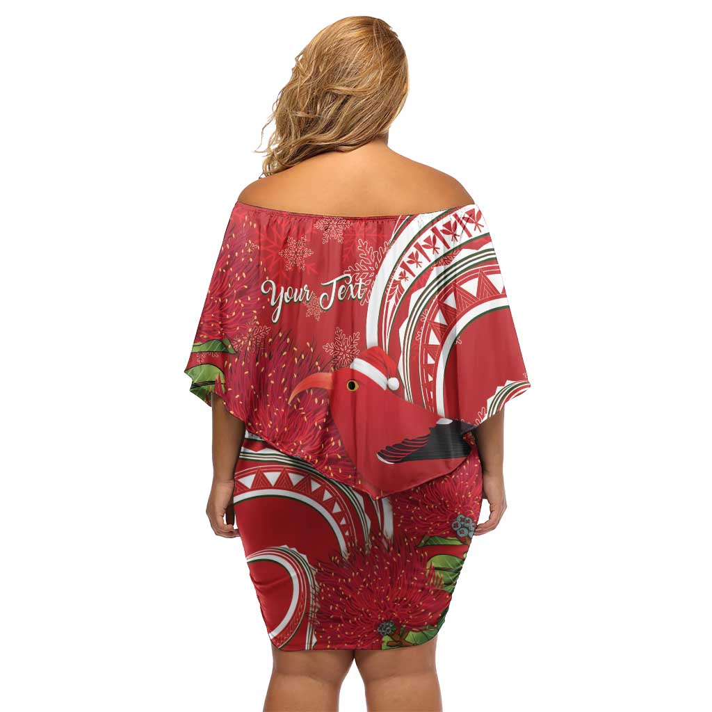 Personalized Mele Kalikimaka Hawaii Family Matching Off Shoulder Short Dress and Hawaiian Shirt I'iwi Bird With Ohia Lehua - Red Color