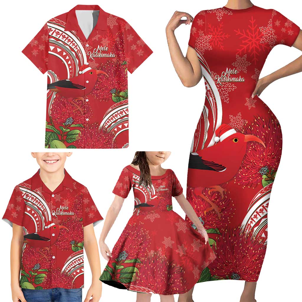 Personalized Mele Kalikimaka Hawaii Family Matching Short Sleeve Bodycon Dress and Hawaiian Shirt I'iwi Bird With Ohia Lehua - Red Color