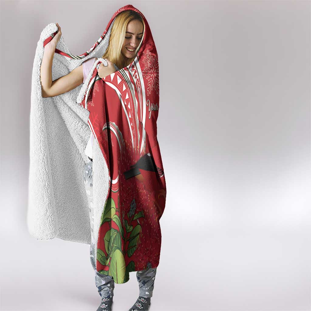 Personalized Mele Kalikimaka Hawaii Hooded Blanket I'iwi Bird With Ohia Lehua - Red Color LT14 - Polynesian Pride