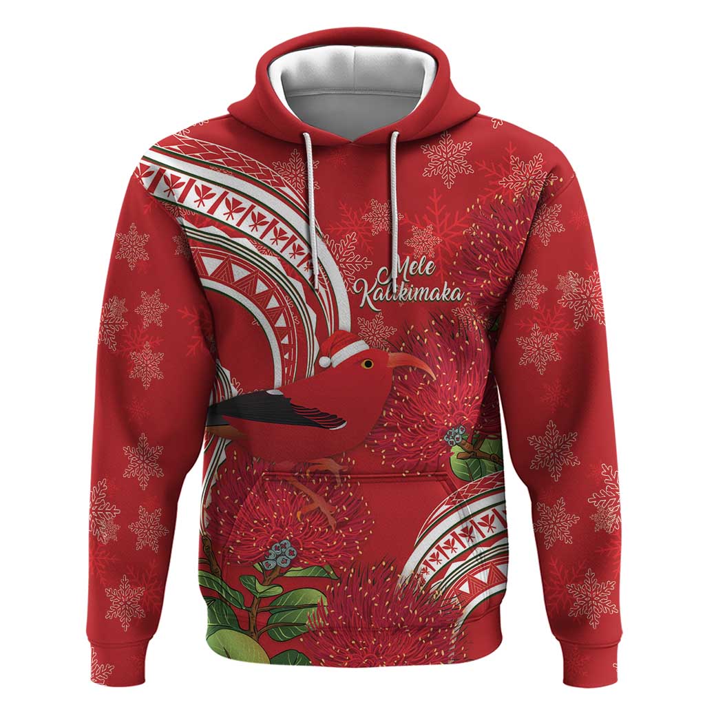 Personalized Mele Kalikimaka Hawaii Hoodie I'iwi Bird With Ohia Lehua - Red Color