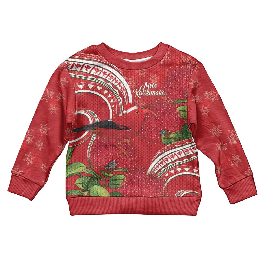 Personalized Mele Kalikimaka Hawaii Kid Ugly Christmas Sweater I'iwi Bird With Ohia Lehua - Red Color