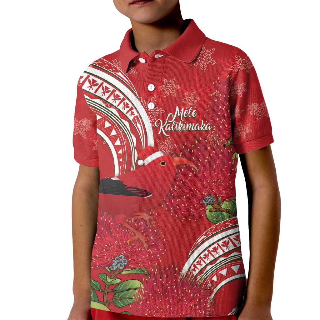 Personalized Mele Kalikimaka Hawaii Kid Polo Shirt I'iwi Bird With Ohia Lehua - Red Color