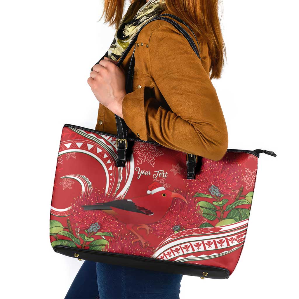 Personalized Mele Kalikimaka Hawaii Leather Tote Bag I'iwi Bird With Ohia Lehua - Red Color