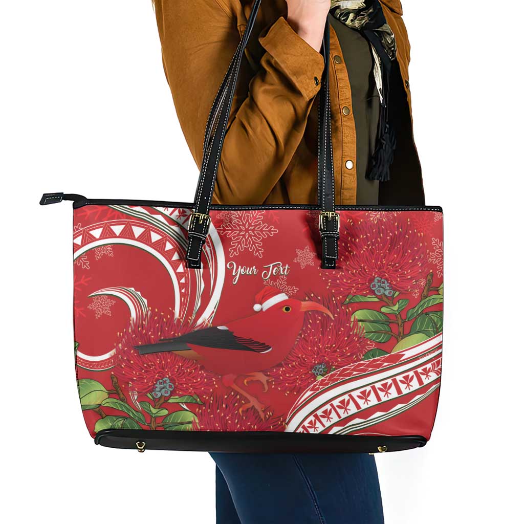 Personalized Mele Kalikimaka Hawaii Leather Tote Bag I'iwi Bird With Ohia Lehua - Red Color LT14 - Polynesian Pride