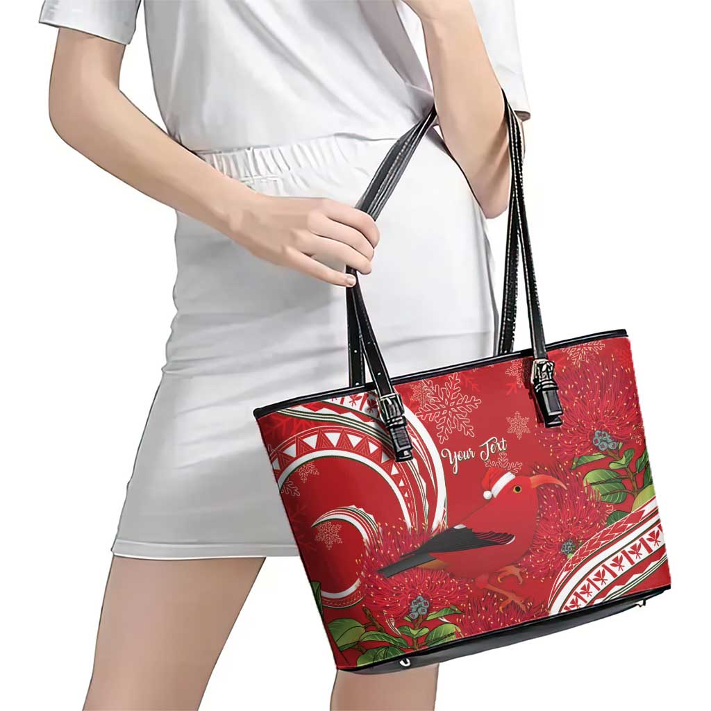 Personalized Mele Kalikimaka Hawaii Leather Tote Bag I'iwi Bird With Ohia Lehua - Red Color LT14 - Polynesian Pride