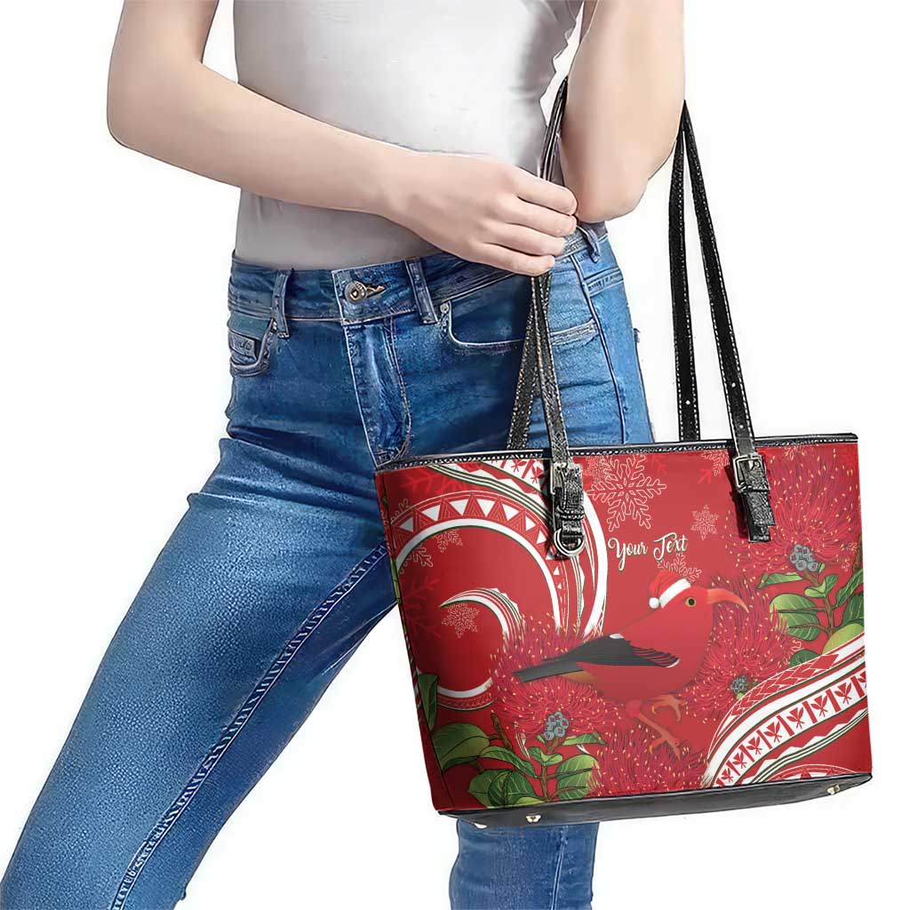 Personalized Mele Kalikimaka Hawaii Leather Tote Bag I'iwi Bird With Ohia Lehua - Red Color LT14 - Polynesian Pride
